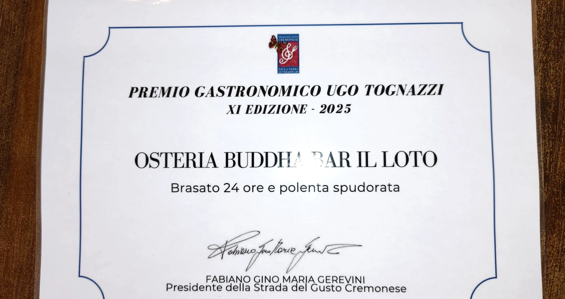 Attestato del Premio Gastronomico Ugo Tognazzi 2025 assegnato al Buddha Bar Il Loto