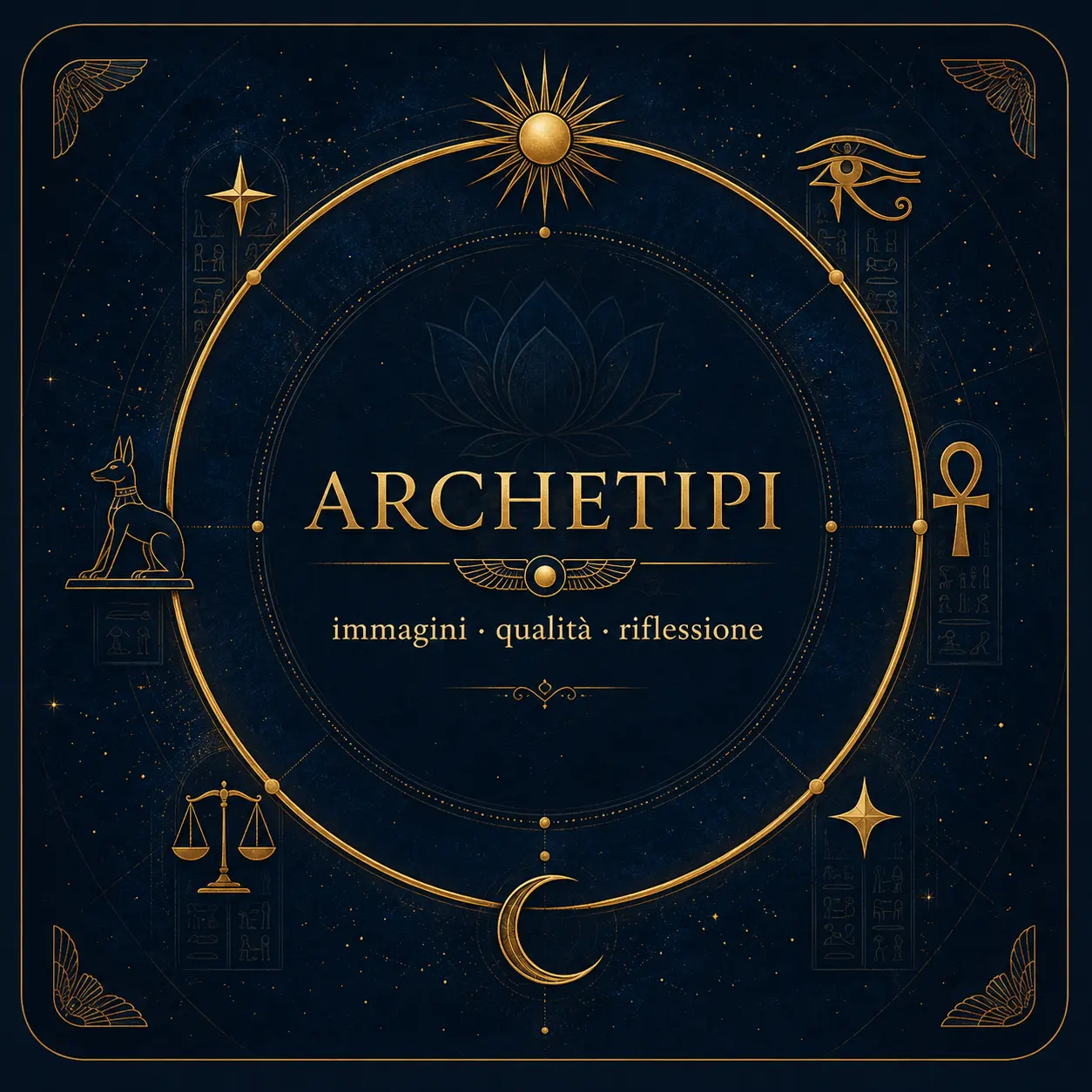 Composizione simbolica con archetipi egizi in stile oro, blu e pietra